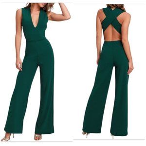 Lulu's Thunking Out Loud Hunter Green Backless Jumpsuit
